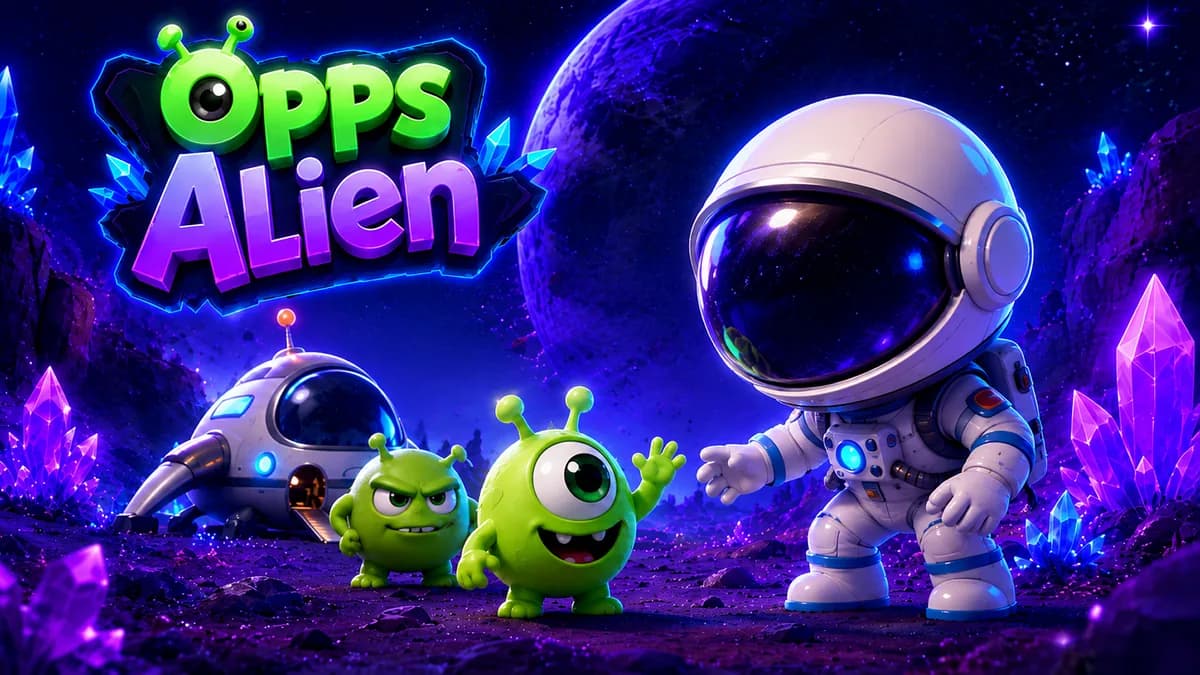 OppsAlien!: a white-suited astronaut and two grinning green aliens beside a lander on a purple crystal world.