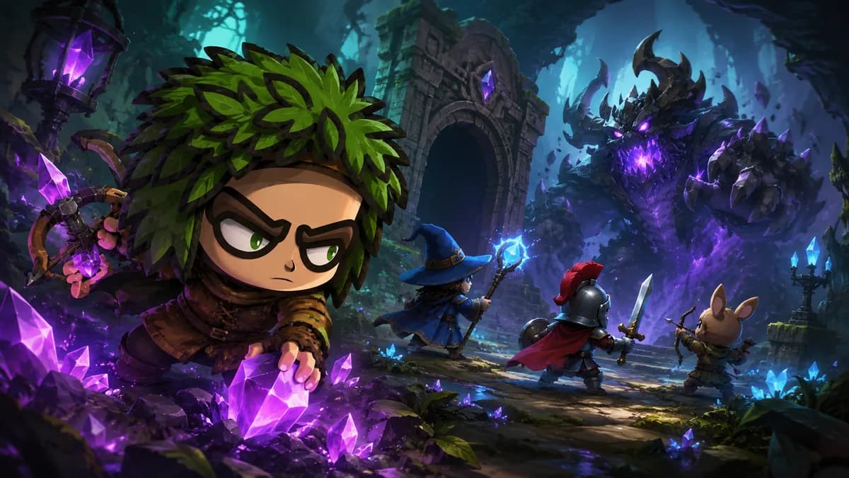 Ancient Relic: a leaf-haired hero with a bow before a ruined gate, with adventurers and a beast beyond it.