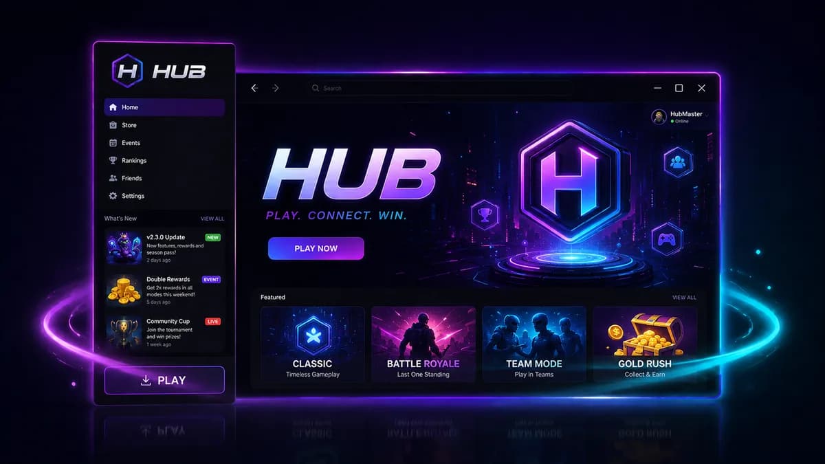 The Hub Center app: a phone panel of news and a Play button beside a desktop window showing featured game modes.