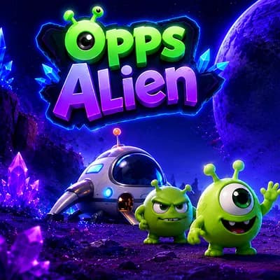 OppsAlien!: two grinning green aliens beside a small spaceship on a purple crystal planet, under the game logo.