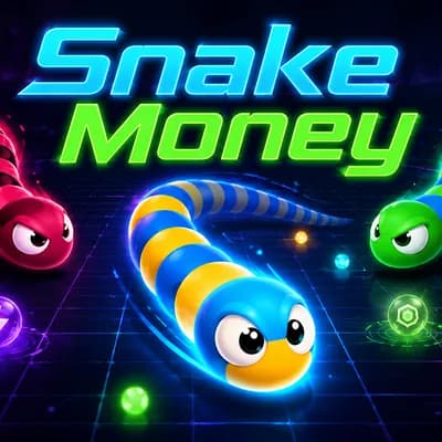 Snake Money: a blue and yellow striped snake racing across a neon grid past rival snakes, under the game logo.